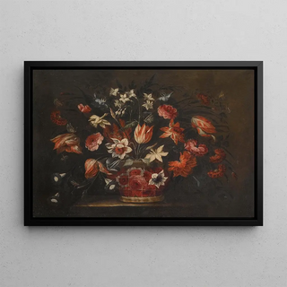 Jos de Arellano - A Still Life With A Basket Of Tulips Carnations And Other Flowers On A Stone Plinth.webp