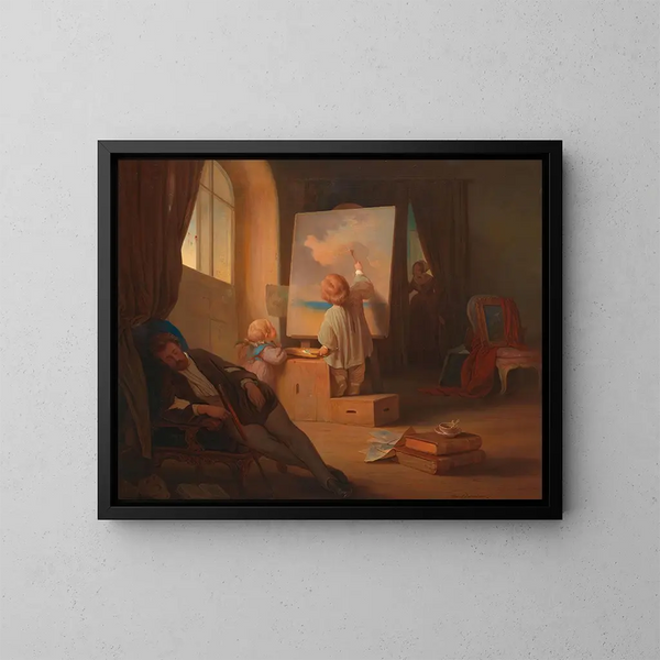 Le peintre endormi - Josef Danhauser — inramlat konstverk på väggen