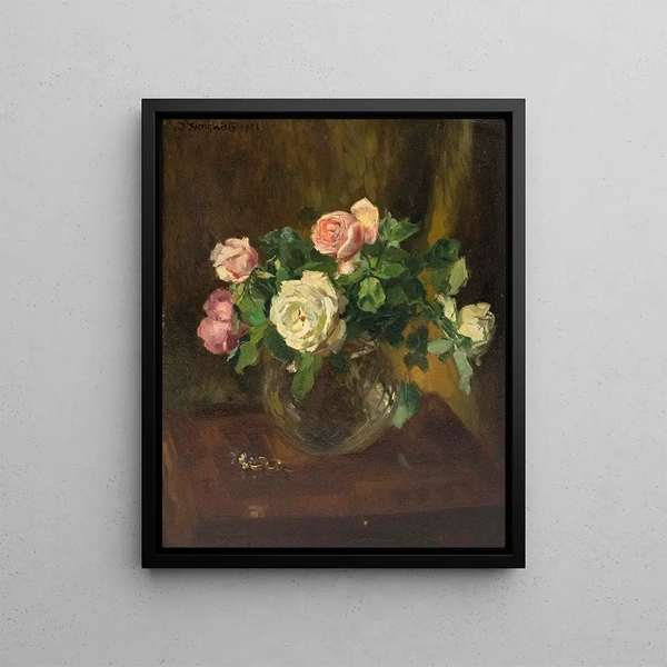 Josef Jungwirth - Stillleben mit Rosen in Glasvase und zwei Eheringen.webp