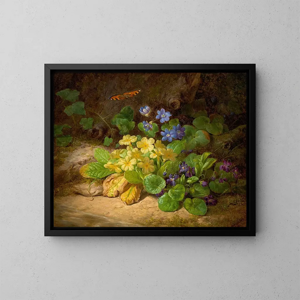 liten blomsterkomposition av alpina blommor - Josef Lauer — inramlat konstverk på väggen