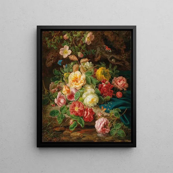 Josef Lauer - Still Life with Roses and Butterflies by a Brook in a Forest.webp