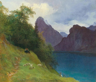 Part mellan Ebensee och Traunkirchen med utsikt över Traunstein - Josef Schwemminger — vy av konstverket
