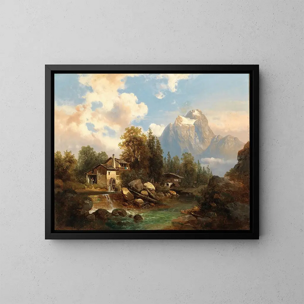 En kvarn vid en flodkant i ett bergslandskap med Dachstein-massivet i bakgrunden - Josef Thoma — inramlat konstverk på väggen