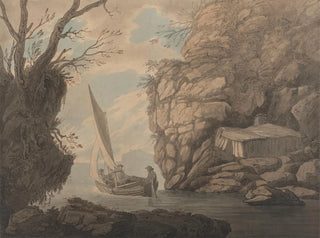 Joseph Farington - A Sailing Dinghy with Three Men Leaving a Rocky Inlet.webp