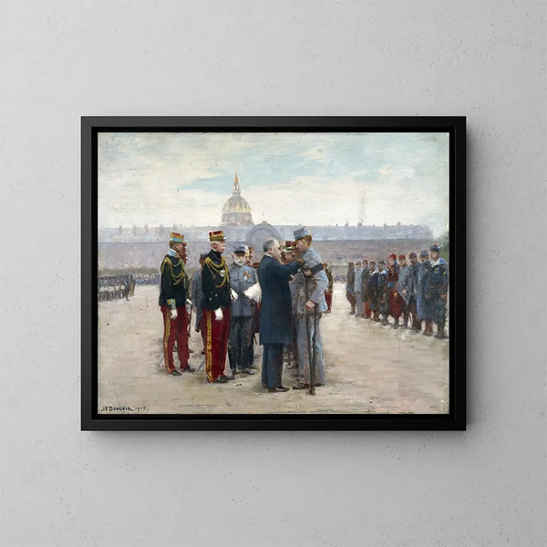 utdelning av dekorationer på Invalides-platån av president Poincaré den 17 september 1915 - Joseph Félix Bouchor — inramlat konstverk på väggen