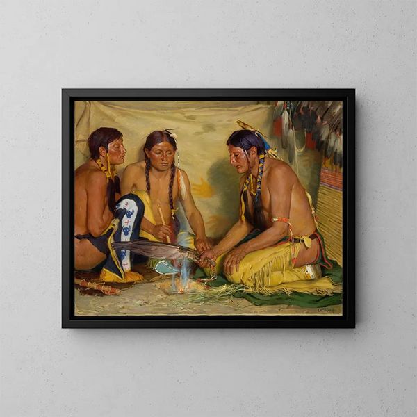 tillverkning av örtbaserad medicin, Blackfoot-ceremoni - Joseph Henry Sharp — inramlat konstverk på väggen