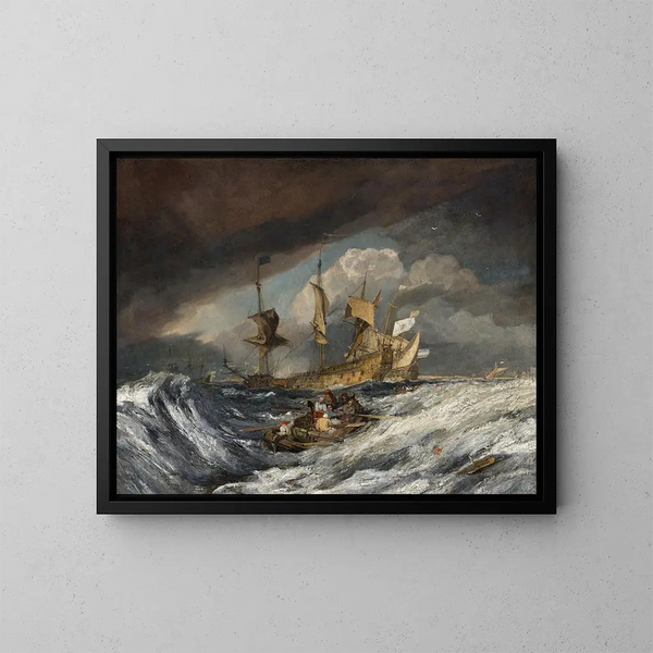 båtar som transporterar ankare till de nederländska krigsskeppen - Joseph Mallord William Turner — inramlat konstverk på väggen
