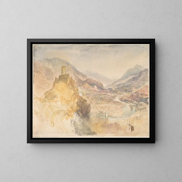 Le Val d'Aoste och Château d'Argent sedd uppifrån från Villeneuve - Joseph Mallord William Turner — inramlat konstverk på väggen