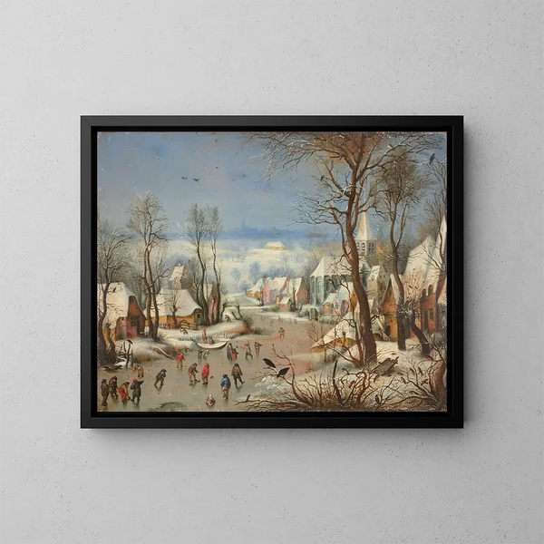 Landskapsmålning med vintermotiv med fågelholk efter Pieter Brueghel - Joseph van Bredael — inramlat konstverk på väggen