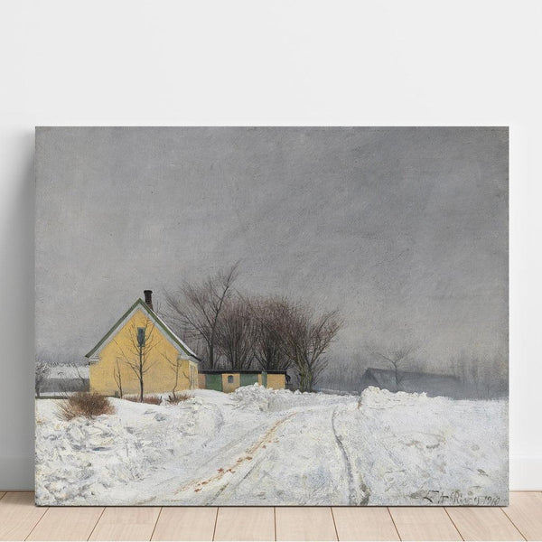 Reproduktion av målningen av en dimmig vinterdag, till vänster ett gult hus, tjock snö - Laurits Andersen Ring