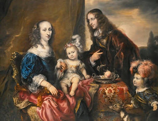 Ett elegant familjeporträtt i traditionell stil, identifierat som den av överstelöjtnant John Hutchinson (1616-1664) och hans familj - Jürgen Ovens — vy av konstverket
