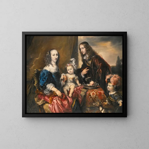 Ett elegant familjeporträtt i traditionell stil, identifierat som den av överstelöjtnant John Hutchinson (1616-1664) och hans familj - Jürgen Ovens — inramlat konstverk på väggen