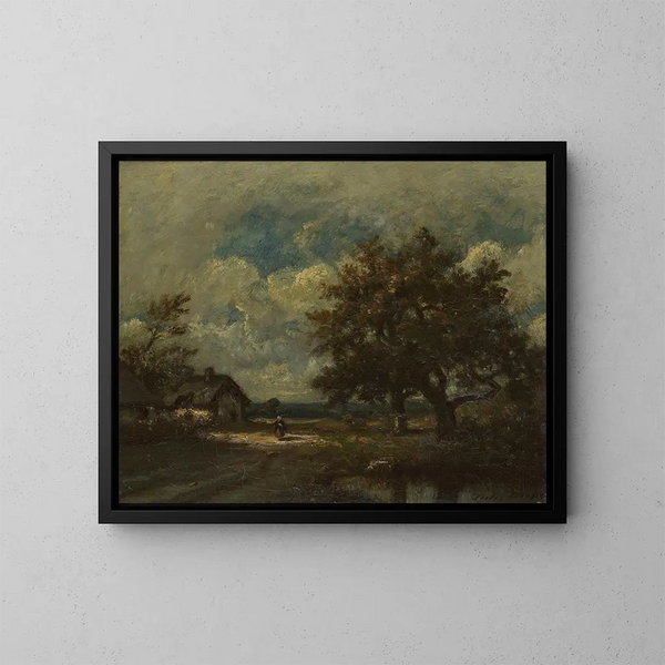 Le cottage au bord de la route sous un ciel orageux - Jules Dupré — inramlat konstverk på väggen
