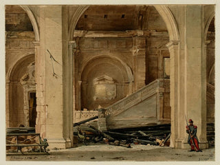 Längd: 60 cm, Höjd: 80 cm, Material: Olja på duk, Ursprung: Frankrike, Konsttryck av Jules Richomme, "L'escalier du Palais de Justice après l'incendie de 1871" — vy av konstverket