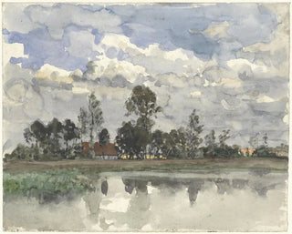 Julius Jacobus van de Sande Bakhuyzen - Bomen zich spiegelend in het water bij een bewolkte lucht.webp