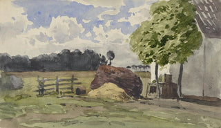 Julius Jacobus van de Sande Bakhuyzen - Stapel hout voor een boerderij in het weiland.webp