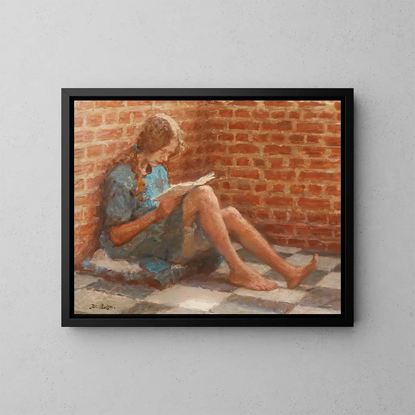 La jeune fille assise près d'un mur de briques - Julius Paulsen — inramlat konstverk på väggen