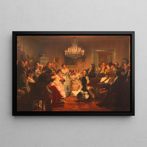En kväll med Schubert i ett bourgeoishem i Wien - Julius Schmid — inramlat konstverk på väggen