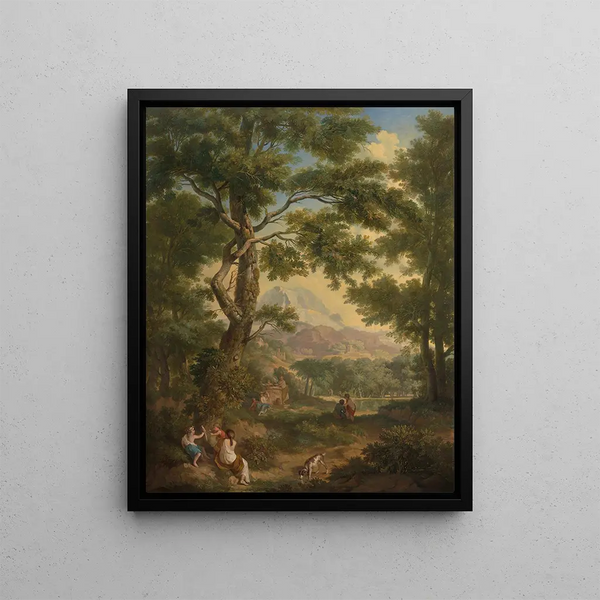 Jurriaan Andriessen - Arcadisch landschap met linksvoor kinderen met een vogel en een hond.webp