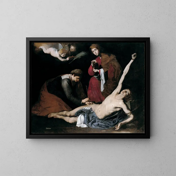 Saint Sébastien som vårdas av de heliga kvinnorna - Jusepe de Ribera — inramlat konstverk på väggen
