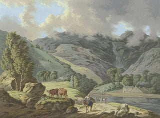 Landskapsbild av berg med ett vattenfall och ängar i förgrund - Karl Franz Kraul — vy av konstverket