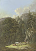 landskap med bergskog, en gammal dörr och ett boskapsflock i en glänta - Karl Franz Kraul — vy av konstverket