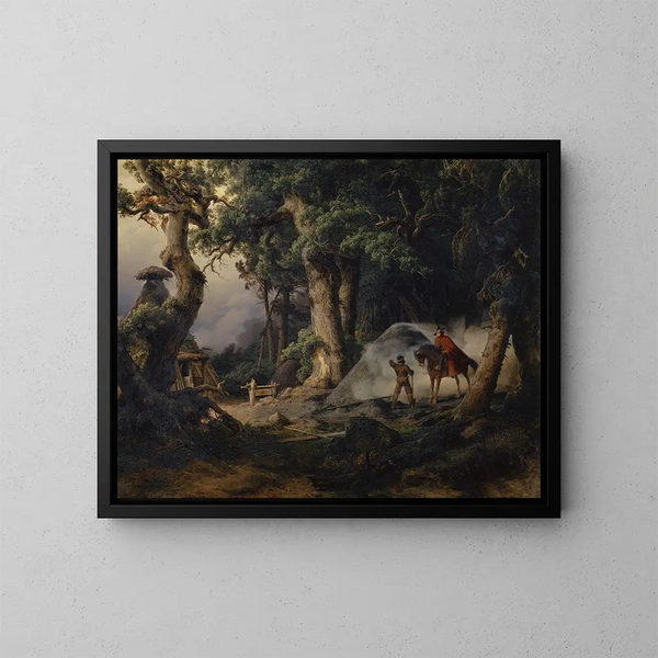 en kolpanna i en ekskog - Karl Friedrich Lessing — inramlat konstverk på väggen