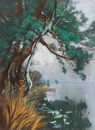 Karl Hagemeister - Uferlandschaft mit Kiefern und Seerosen Schwielowsee.webp
