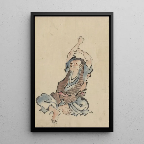 Katsushika Hokusai - A man facing left wearing several layers of clothing sitting with arms raised over his head practicing yoga.webp