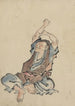 En man vänd mot vänster, bär flera lager av kläder, sitter, armarna höjda över huvudet, utövar yoga - Katsushika Hokusai — vy av konstverket
