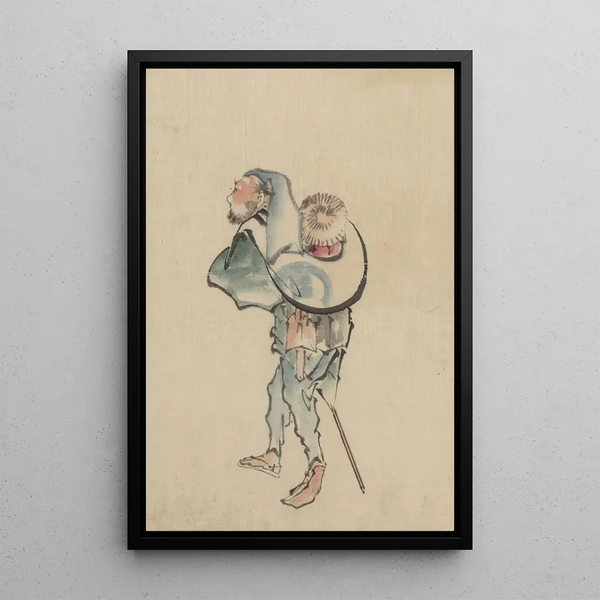 Katsushika Hokusai - A man walking to the left with a large hat resting on his back and wearing sandals holding a short staff possibly used to propell a boat.webp