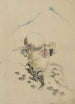 En man som bär en konformad hatt, en yttre klädsel i halm eller fjädrar och stövlar, som bär ett långt handtagsverktyg - Katsushika Hokusai — vy av konstverket