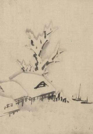 Katsushika Hokusai - Buildings and large tree on the waterfront with two boats anchored offshore.webp