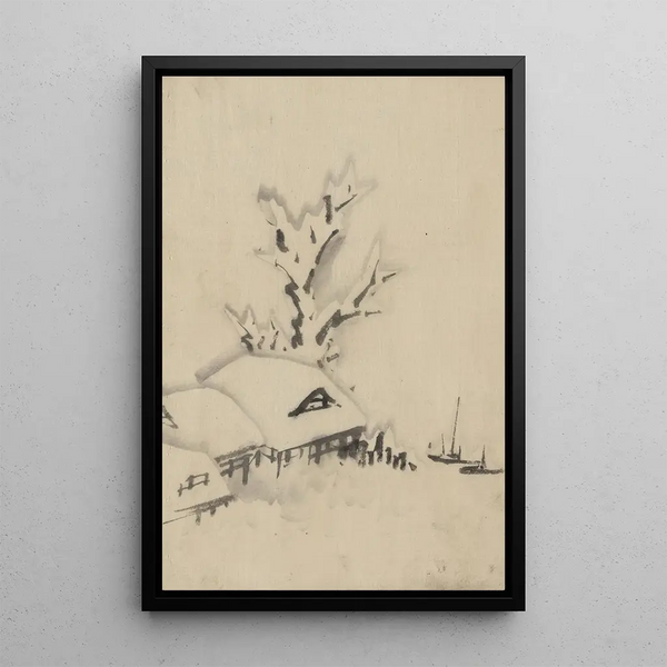 Katsushika Hokusai - Buildings and large tree on the waterfront with two boats anchored offshore.webp