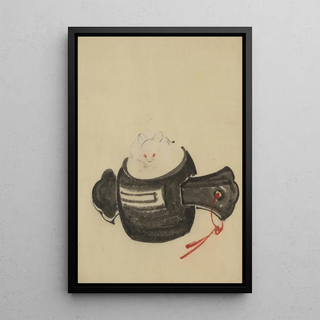 Katsushika Hokusai - Mouse facing front sitting on a mallet with red ribbon through a hole in the handle.webp