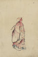 Vue latérale d'un moine en pied, portrait de profil gauche, portant une robe avec capuche - Katsushika Hokusai — vy av konstverket