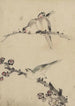 Tre fåglar som sitter på grenar, en med blommor - Katsushika Hokusai — vy av konstverket