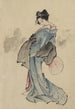 en stående kvinnoporträtt i profil till vänster, håller ett fan i högra handen, bär en rutmönstrad kimono - Katsushika Hokusai — vy av konstverket