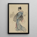 en stående kvinnoporträtt i profil till vänster, håller ett fan i högra handen, bär en rutmönstrad kimono - Katsushika Hokusai — inramlat konstverk på väggen