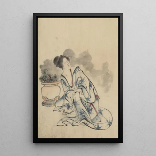 Katsushika Hokusai - Woman possibly a courtesan sitting next to a flowerpot.webp
