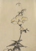 en gul blomma med knopp på ett stjälk ovanför bladen - Katsushika Hokusai — vy av konstverket