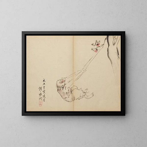 Les bras longs saisissant des fruits - Kawanabe Kyōsai — inramlat konstverk på väggen