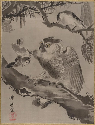 Kawanabe Kysai - Owl Mocked by Small Birds.webp
