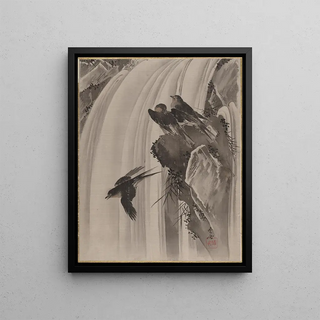 Kawanabe Kysai - Swallows by a Waterfall.webp