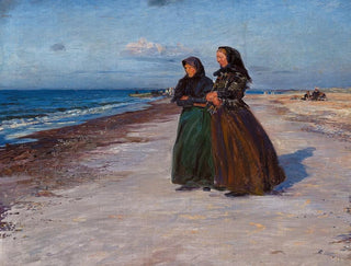 två fiskarflickor på stranden under stormväder, norra Jylland - Knud Larsen Bergslien — vy av konstverket