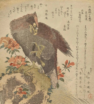 Kubo Shunman - Eagle with an upraised claw on a rock by an azalea bush.webp