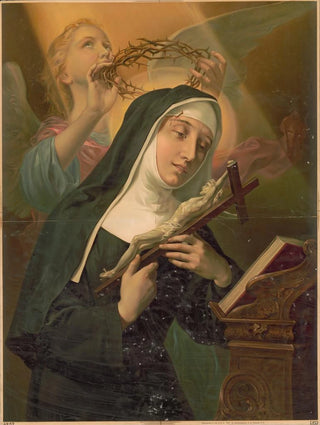 Kunstanstalten AG - Female saint holding crucifix while crown of thorns is placed on her head by an angel.webp