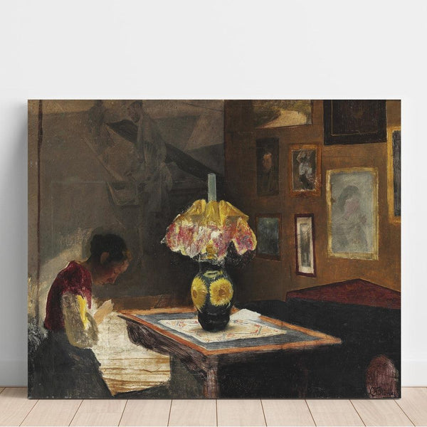 Reproduktion av målningen L'äktenskapet av konstnären Sigrid som syr i lampljus - Laurits Andersen Ring