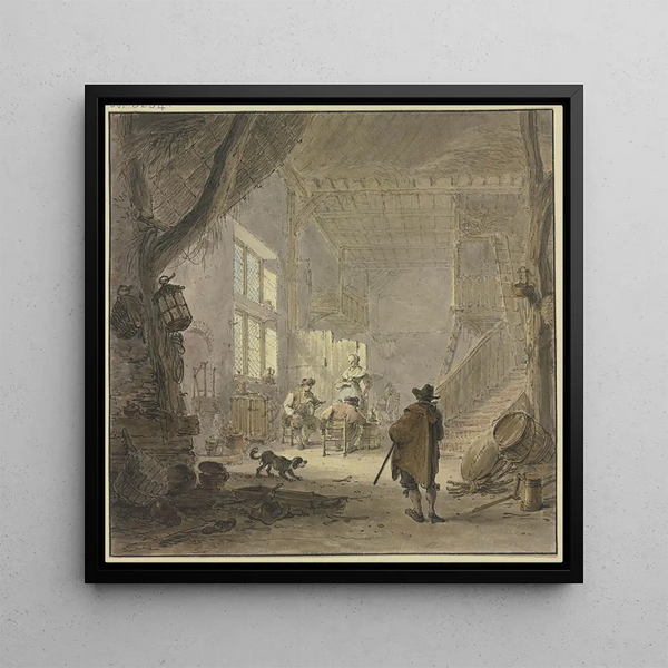 L'intérieur d'une maison, à la fenêtre, deux hommes et une femme au premier plan, un homme vu de dos - Hendrik Meyer