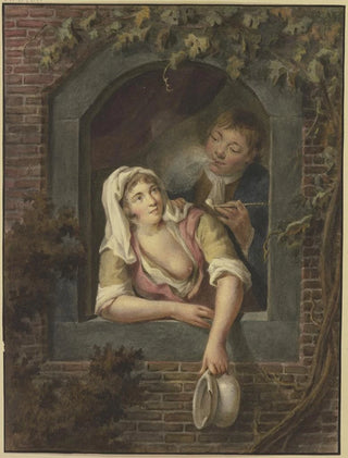 Lambert Antonius Claessens - Eine Frau mit entblstem Busen leert ein Nachtgeschirr zum Fenster hinaus hinter ihr ein rauchender junger Mann.webp